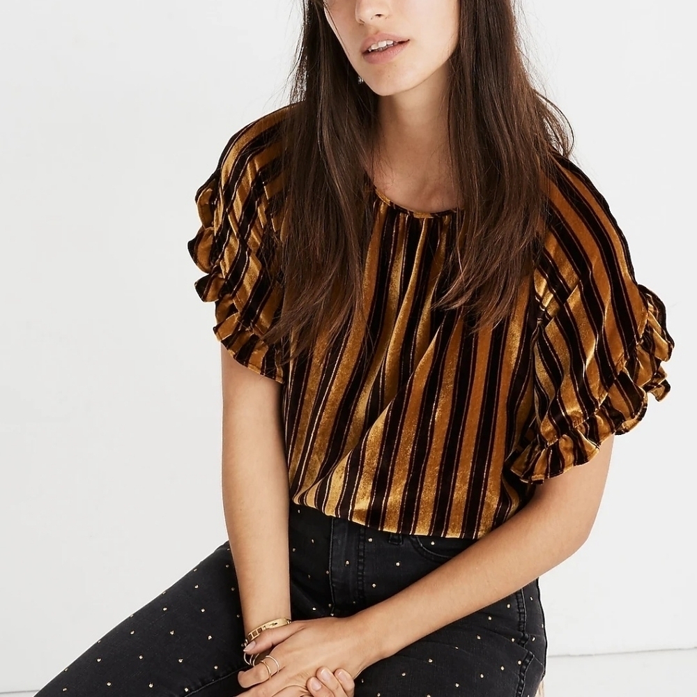 Madewell Velvet Memento Ruffle-Sleeve Top in Stripe gold brown size small